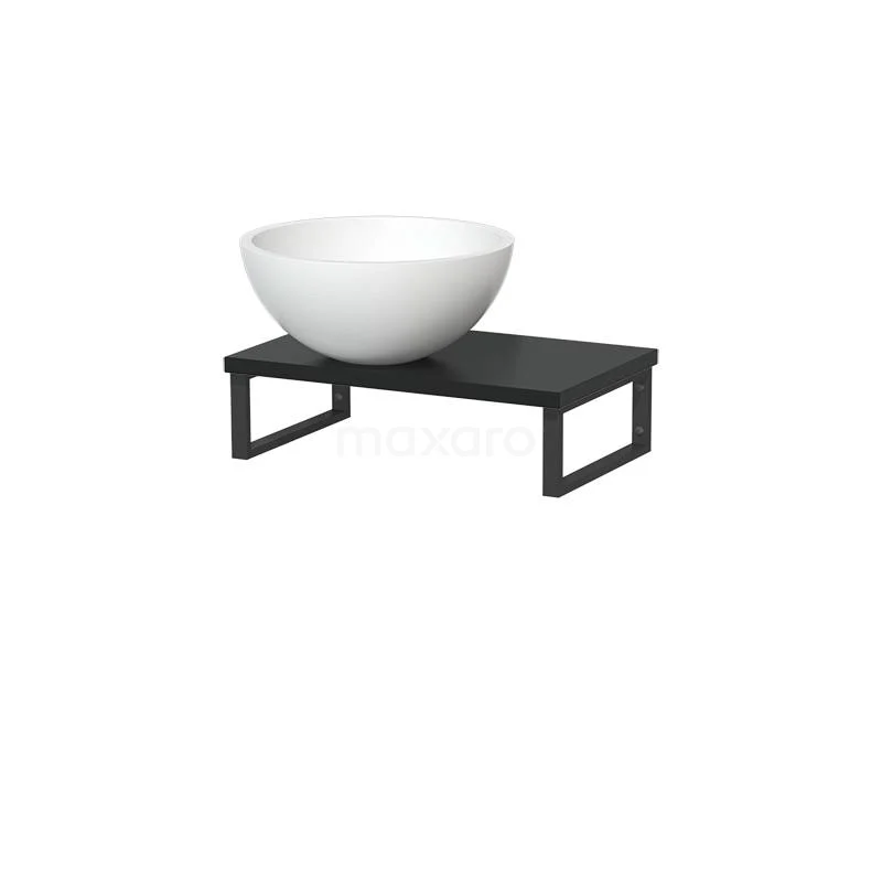 Modulo Pico Waschtischplatte mit Becken | 41 cm Matt Schwarz Matt Weiß Solid Surface TMK01-00253 Weiße runde Waschbecken auf einem schwarzen Holz-Badmöbel mit Metallrahmen, modernes Design für zeitgemäße Bäder.