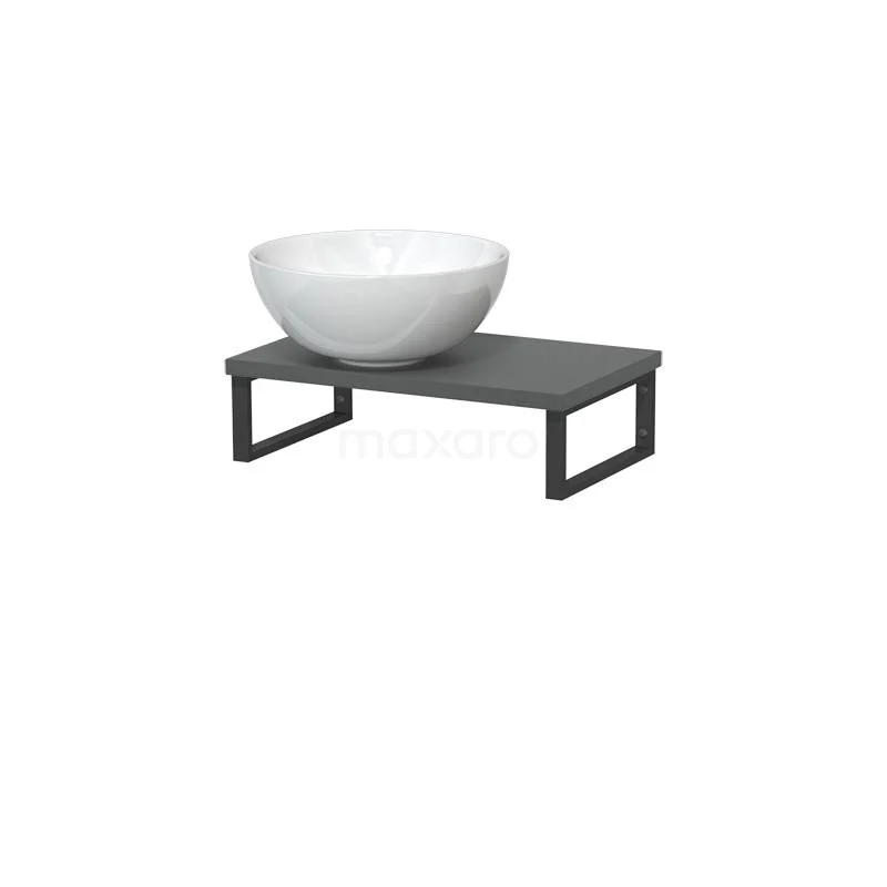 Modulo Pico Aufsatzwaschbecken mit Waschbecken | 41 cm Mittelgrau Hochglanz Weiß Keramik TMK01-00260 Weiße keramische Aufsatzwaschbecken auf einem schwarzen Metallrahmen mit grauer Holzplatte, ideal als stilvolles Waschbecken im Badezimmer.