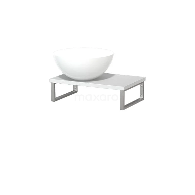 Modulo Pico Waschtischplatte mit Aufsatzwaschbecken | 41 cm Matt Weiß Hochglanz Weiß Mineralguss TMK01-00277 Weißes keramisches Aufsatzwaschbecken auf modernem rechteckigem weißen Badmöbel mit Metallbeinen, ideal für ein stilvolles Badezimmer.