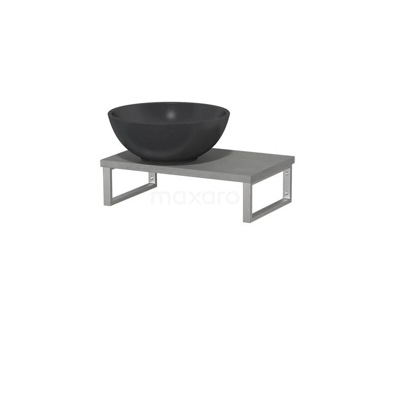 Modulo Pico Waschtischplatte mit Becken | 41 cm hellgrauer Beton Matt Schwarz Quarz TMK01-00349 Schwarze runde Waschbecken aus Naturstein auf einem grauen matten Waschtisch, modernes Design für stilvolle Badezimmerlösungen.