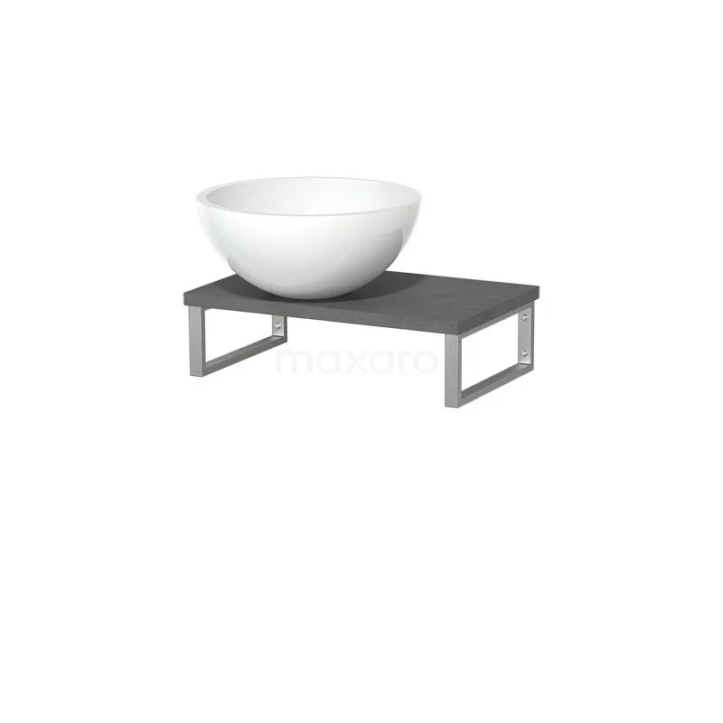 Witte ronde wastafel op een donkergrijs houten plank met metalen frame, ideaal voor moderne badkamerinrichting.