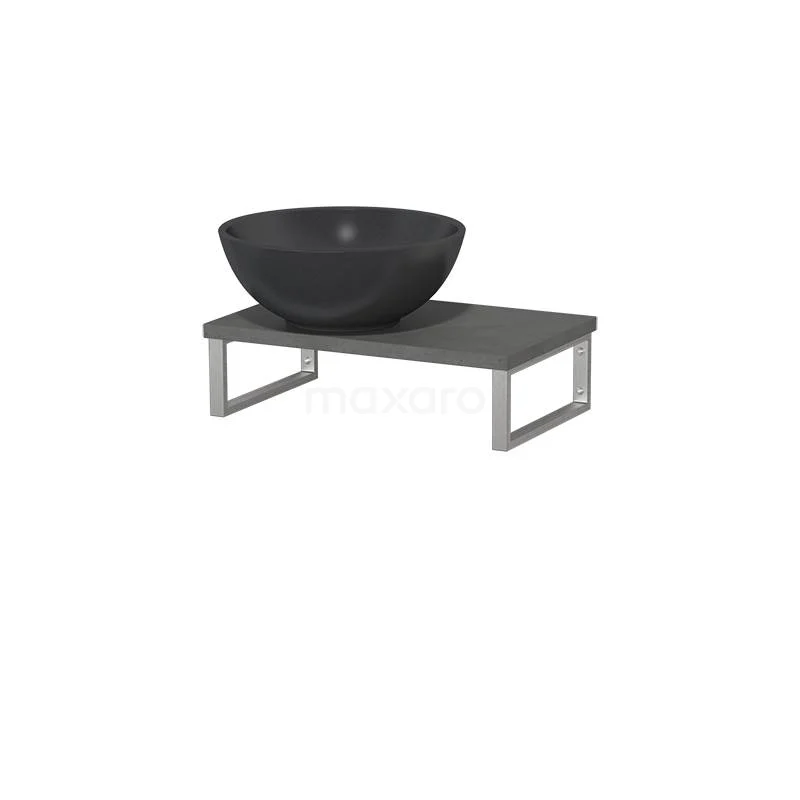 Zwarte stenen waskom op een moderne grijze plank met zilveren frame, perfect voor een stijlvolle badkamerinrichting.