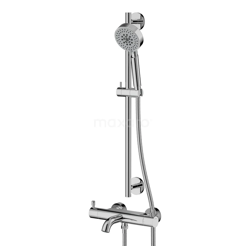 Wannenbatterie-Set Radius | Chrom Thermostatarmatur mit Handbrause 5 Positionen COC55-00011 Chromfarbige Regendusche Set mit verstellbarer Gleithalterung und Handbrause; ideal für modernen Badezimmerstil.