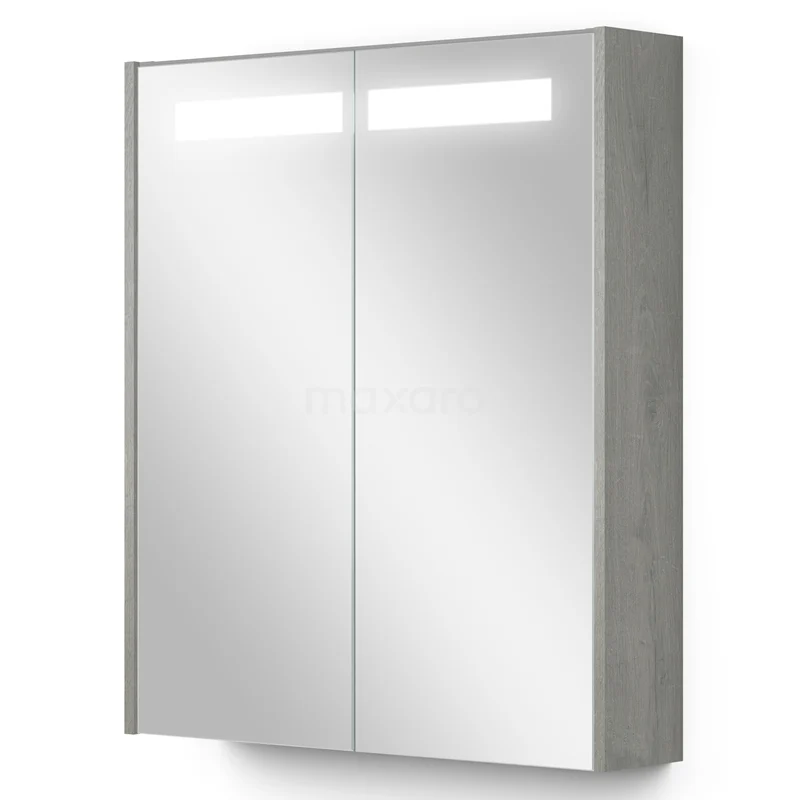 Grijze houten badkamerkast met spiegeldeuren, geïntegreerde LED-verlichting en strakke, moderne afwerking.
