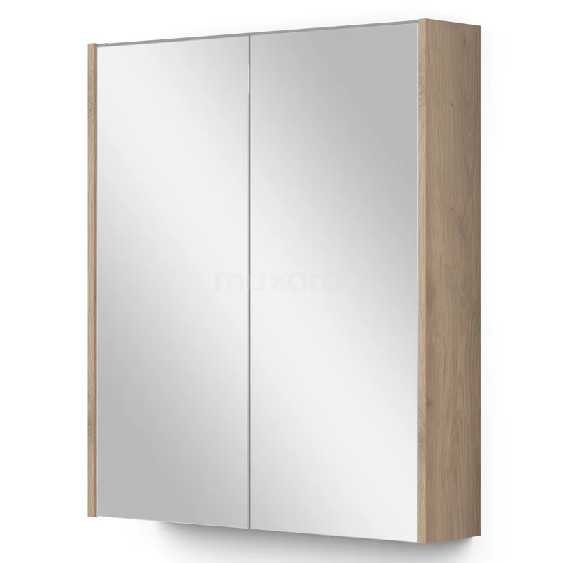 Spiegelschrank mit Beleuchtung Modulo 60x70cm hellbraune Eiche K99-0600-59009-34 Spiegelschrank mit zwei Türen, Holzoptik-Rahmen, modernes Design für Badezimmer, ausgestattet mit internem Stauraum.