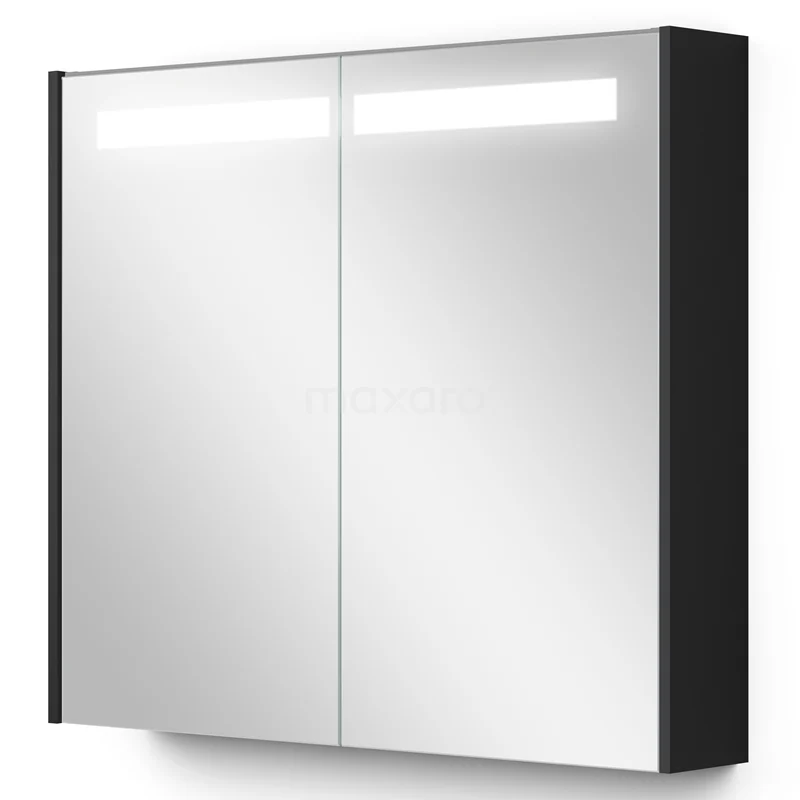 Spiegelschrank mit Beleuchtung Modulo 80x70cm Matt Schwarz K99-0800-59008-01 Schwarzer Spiegelschrank mit zwei Spiegeltüren und integrierter LED-Beleuchtung, ideal für moderne Badezimmerlagerung.