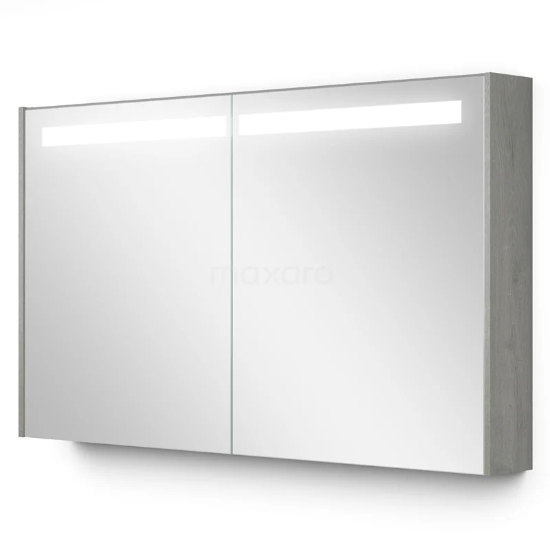 Spiegelschrank mit Beleuchtung Modulo 120x70cm Graue Eiche K99-1200-59008-39 Spiegelschrank mit LED-Beleuchtung, zweigeteilt, stahlgraue Seiten, perfekt für moderne Badezimmerlagerung.