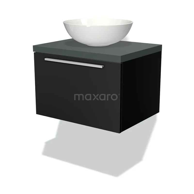 Badmöbel für Waschtischunterschrank mit Konsole 60cm Modulo Plato Matt Schwarz 1 Schublade Flach Dunkelgrau Platte BMK11-00138 Schwarzer schwebender Badschrank mit grauer Platte und rundem weißen Aufsatzwaschbecken; modernes Design, perfekt für moderne Bäder.