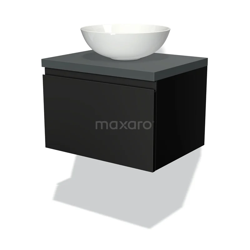 Badmöbel für Waschtischunterschrank mit Konsole 60cm Modulo Plato Matt Schwarz 1 Schublade Grifflos Dunkelgrau Platte BMK11-00140 Schwarzes Badmöbel mit grauer Oberplatte und stilvollem runden weißen Aufsatzwaschbecken, perfekt für einen modernen Badezimmerstil.