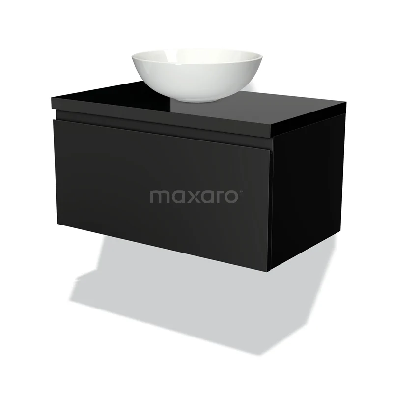 Waschtischunterschrank mit Konsole 80cm Modulo Plato Matt Schwarz 1 Schublade Grifflos Hochglanz Schwarz Platte BMK11-00182 Schwarzer schwebender Badschrank mit keramischem schalenförmigen Waschbecken, elegantes Design, ideal für moderne Bäder.