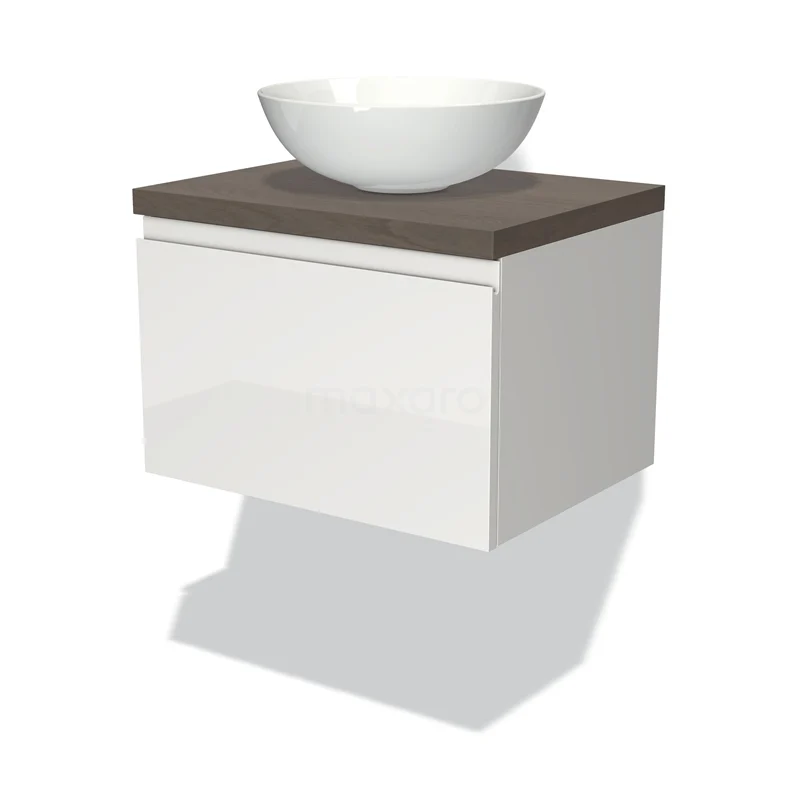 Modulo Plato Vanity units for countertop basin | 60 cm High-gloss white Handle-less front Dark brown oak worktop 1 drawer BMK11-00470