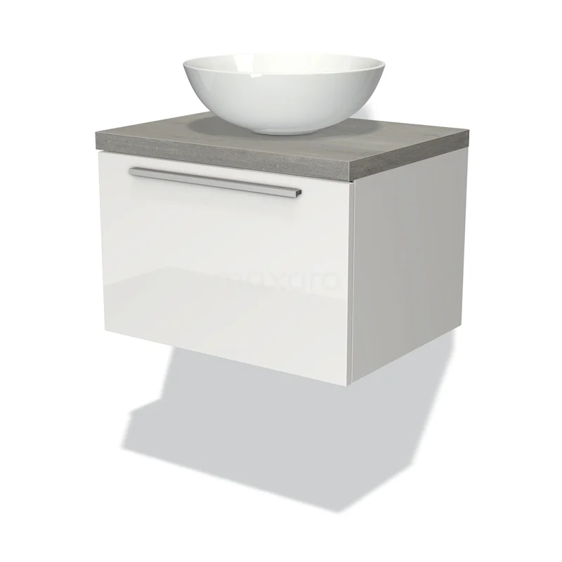 Modulo Plato Vanity units for countertop basin | 60 cm High-gloss white Flat front Grey oak worktop 1 drawer BMK11-00471
