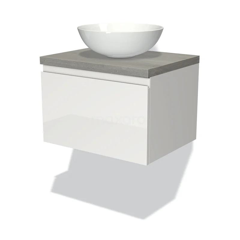 Modulo Plato Vanity units for countertop basin | 60 cm High-gloss white Handle-less front Grey oak worktop 1 drawer BMK11-00473