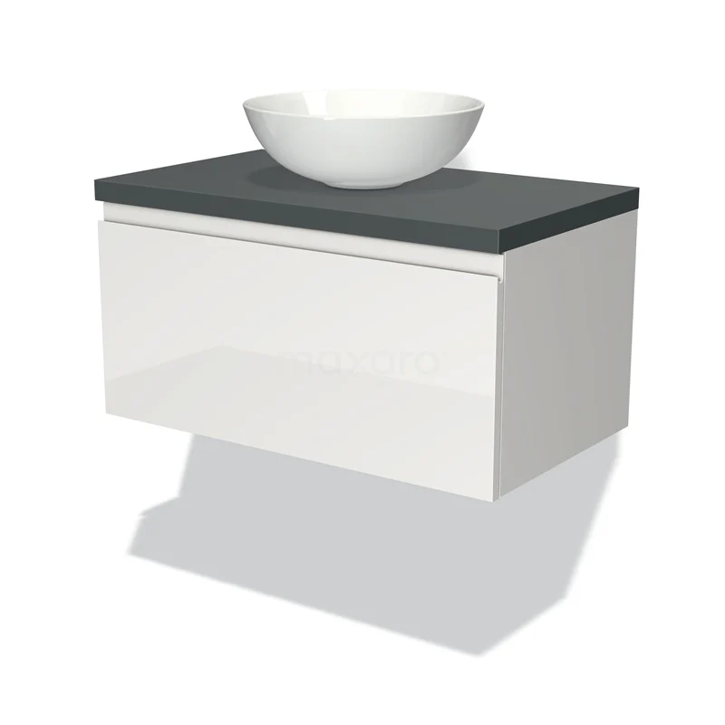 Wit hangend badkamermeubel met een grijze bovenblad en een ronde wastafel; compact design, perfect voor moderne badkamers.