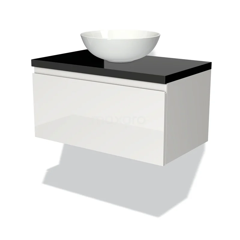 Wit hangend badkamermeubel met zwarte bovenblad en ronde wastafel, modern design.
