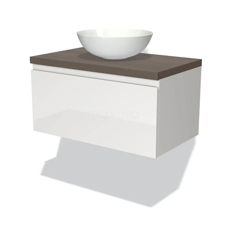 Waschtischunterschrank mit Konsole 80cm Modulo Plato Hochglanz Weiß 1 Schublade Grifflos dunkelbraune Eiche Platte BMK11-00509 Weißes schwebendes Badmöbel mit Holzplatte und einem rundes Waschbecken, modernes Design für ein stilvolles Badezimmer.