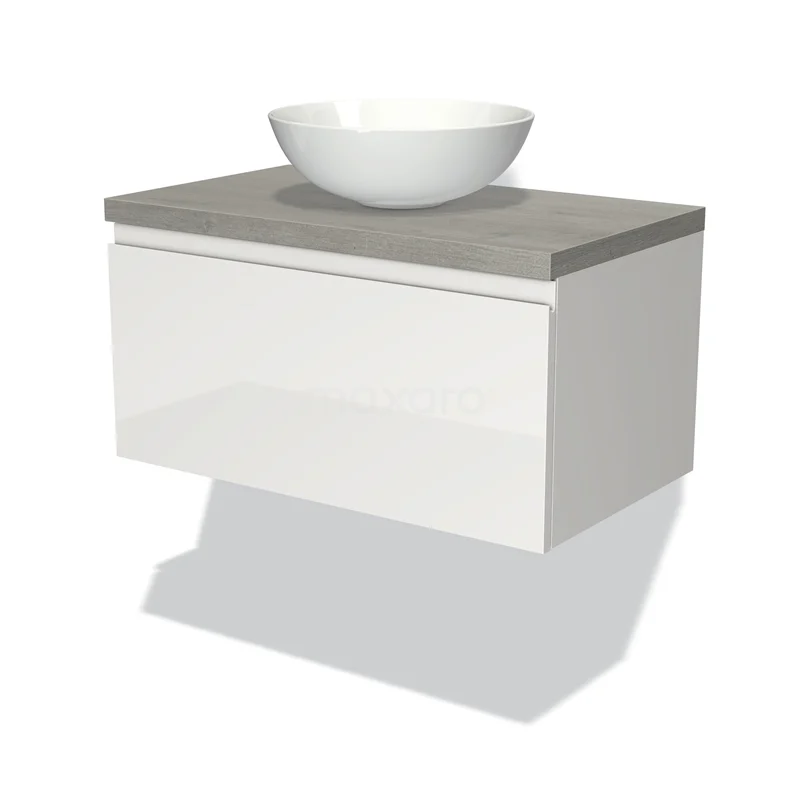 Waschtischunterschrank mit Konsole 80cm Modulo Plato Hochglanz Weiß 1 Schublade Grifflos Graue Eiche Platte BMK11-00512 Weißes hängendes Badmöbel mit Beton-Grau Platte und rundem Waschbecken, modernes Design für ein stilvolles Badezimmer.