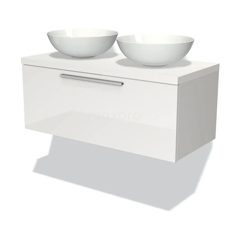 Badmöbel für Waschtischunterschrank mit Konsole 100cm Modulo Plato Hochglanz Weiß 1 Schublade Flach Matt Weiß Platte BMK11-00525 Moderne weiße Badmöbel mit doppelten Aufsatzwaschbecken, Hochglanzoberfläche und einem klaren Design.