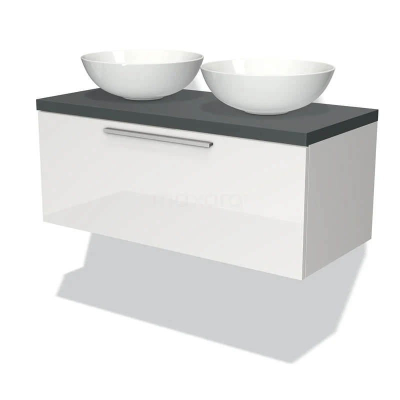Badmöbel für Waschtischunterschrank mit Konsole 100cm Modulo Plato Hochglanz Weiß 1 Schublade Flach Dunkelgrau Platte BMK11-00528 Weiße Badmöbel mit 2 runden Aufsatzwaschbecken, Dunkelgrau Platte und verchromtem Haltegriff; modernes Design für stilvolle Bäder.