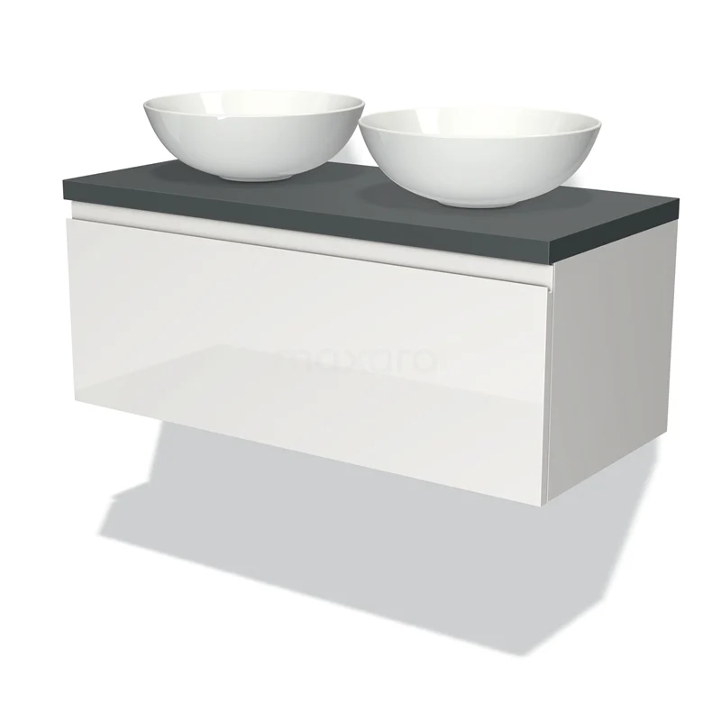 Wit zwevend badkamermeubel met dubbele waskommen en grijze composiet blad, ideaal voor moderne badkamers.