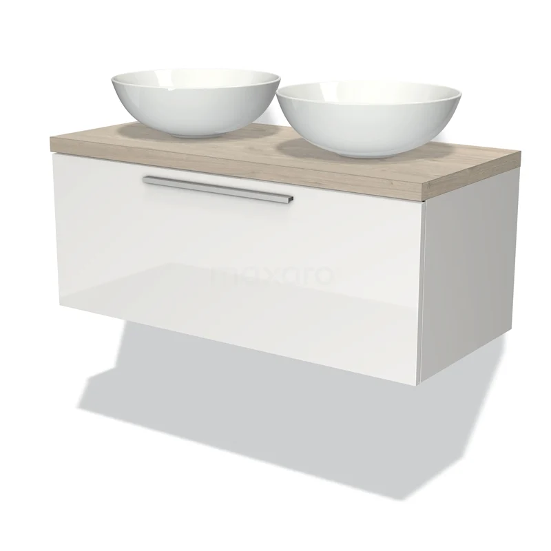 Modulo Plato Vanity units for countertop basin | 100 cm High-gloss white Flat front Light grey oak worktop 1 drawer BMK11-00537