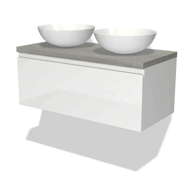 Modulo Plato Vanity units for countertop basin | 100 cm High-gloss white Handle-less front Grey oak worktop 1 drawer BMK11-00551