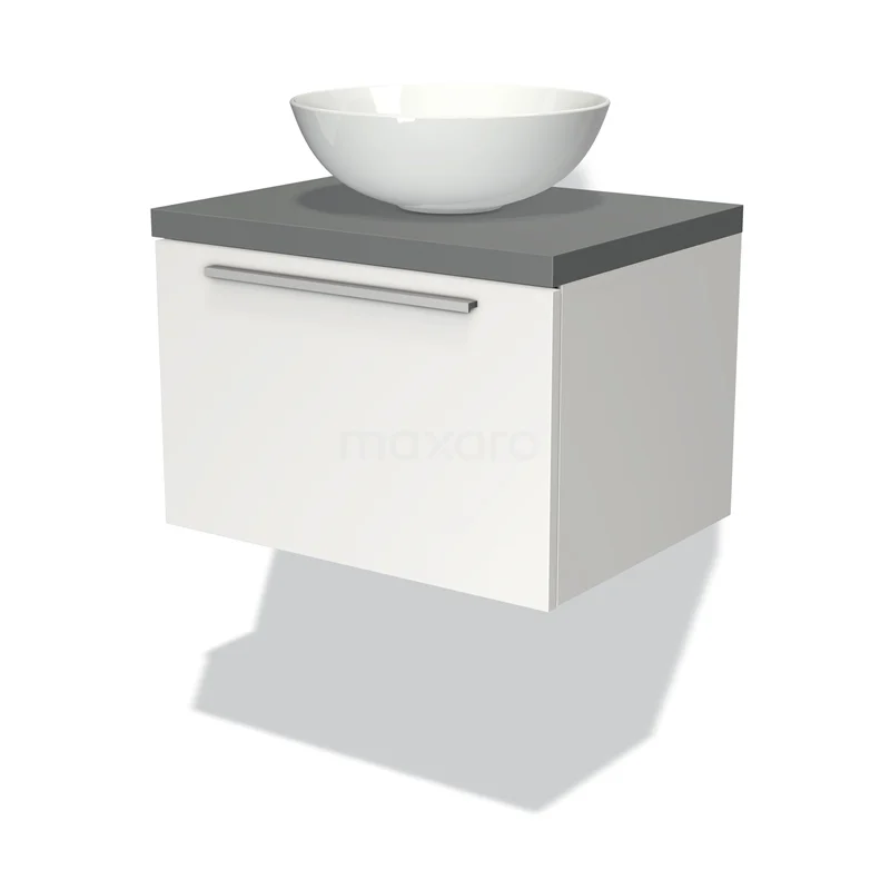 Badmöbel für Aufsatzwaschbecken 60cm Modulo Plato Matt Weiß 1 Schublade Flach Mittelgrau Platte BMK11-00600 Weißes hängendes Badmöbel mit grauer Platte und rundem Aufsatzwaschbecken, straffes Design, ideal für moderne Bäder.