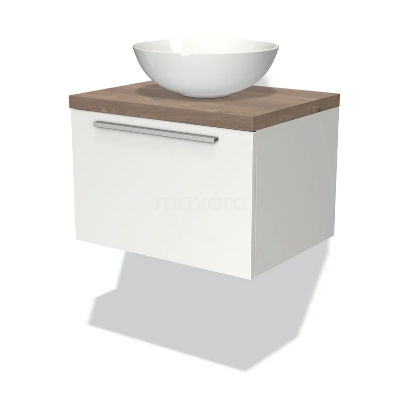 Modulo Plato Vanity units for countertop basin | 60 cm Matte white Flat front Mid brown oak worktop 1 drawer BMK11-00621