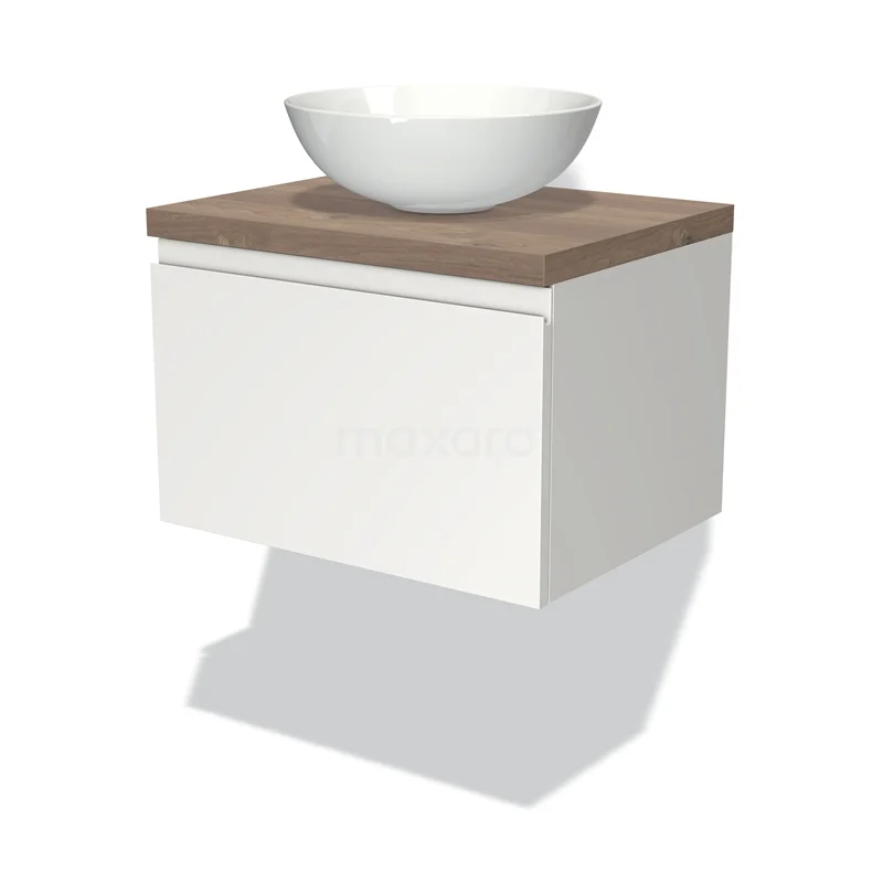 Modulo Plato Vanity units for countertop basin | 60 cm Matte white Handle-less front Mid brown oak worktop 1 drawer BMK11-00623