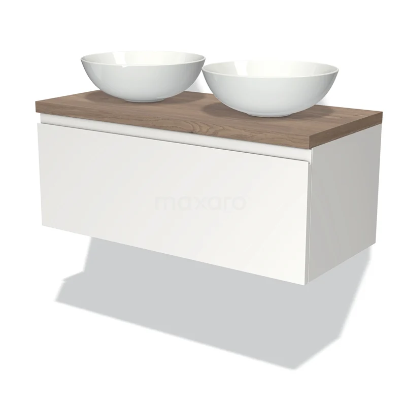 Modulo Plato Vanity units for countertop basin | 100 cm Matte white Handle-less front Mid brown oak worktop 1 drawer BMK11-00701