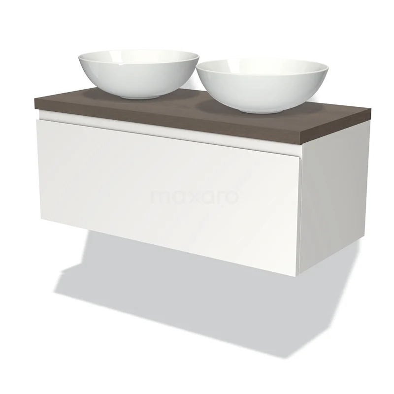 Modulo Plato Vanity units for countertop basin | 100 cm Matte white Handle-less front Dark brown oak worktop 1 drawer BMK11-00704