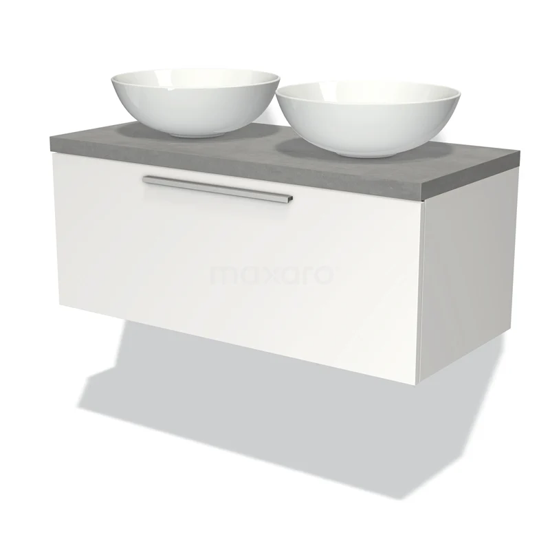 Modulo Plato Vanity units for countertop basin | 100 cm Matte white Flat front Light grey concrete worktop 1 drawer BMK11-00708