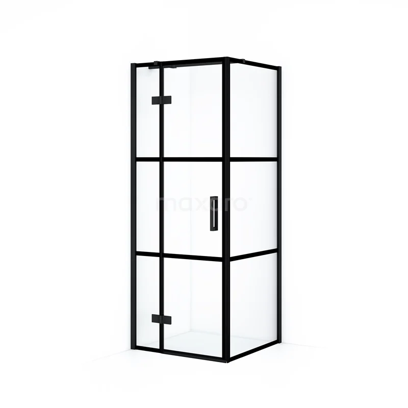Zwarte mat aluminium douchecabine met helder glas en industrieel design, ideaal als stijlvolle toevoeging aan moderne badkamers.