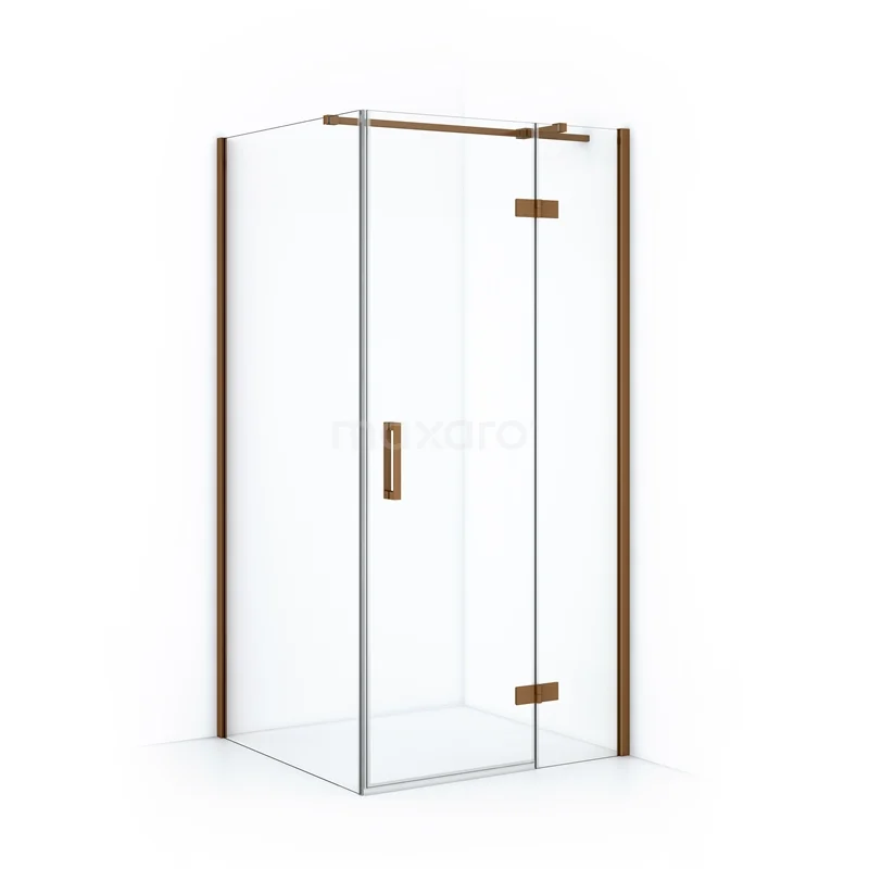 Glass corner shower cabin with transparent walls, metal hinges and wooden accents, ideal for modern bathrooms.