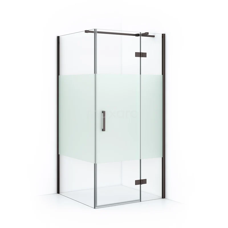 Diamond Shower cabin | 90x80 cm Black metal Clear with matt strip Pivot door Rectangle CDB223608313ZMN Glass shower enclosure with frosted glass, black frame and hinged door, ideal for modern bathrooms.