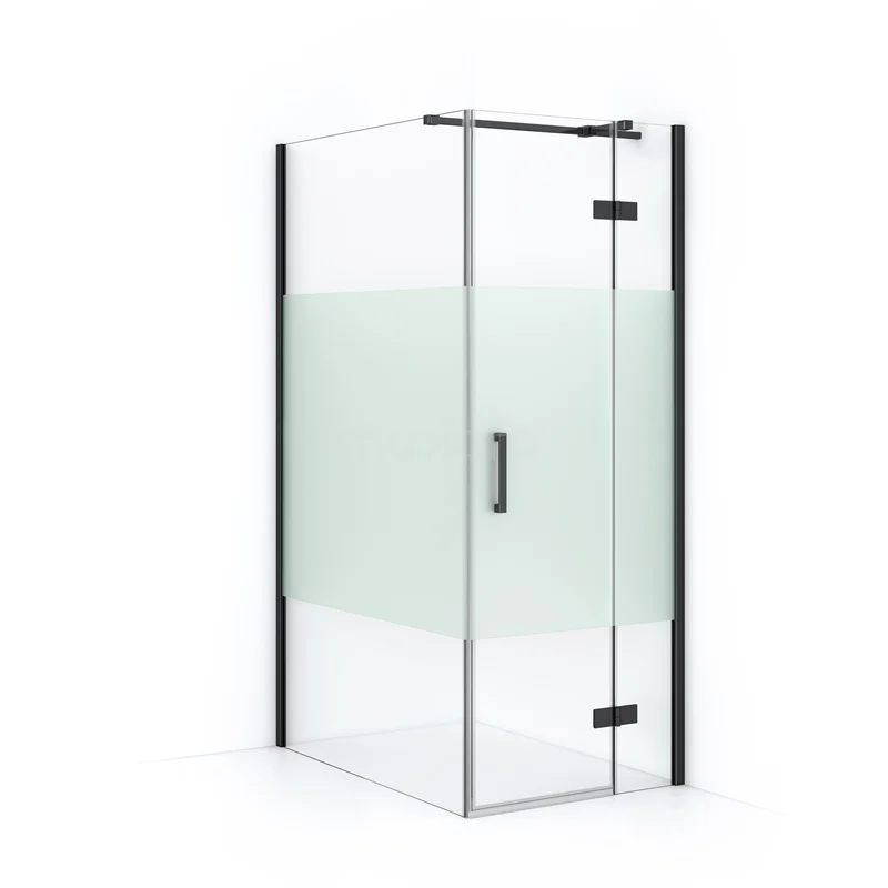 Shower enclosure with frosted glass panel and black accents, ideal for modern bathroom design.