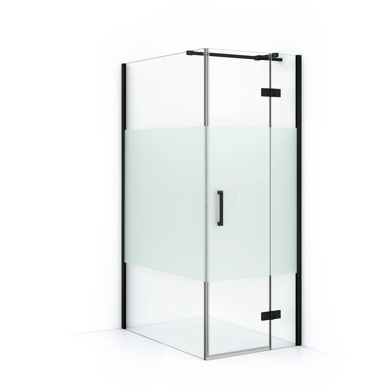 Duschkabine Diamond 120x80cm aus klarem Sicherheitsglas mit Mattstreifen Matt Schwarz CDB223512313MB Viereckige Glaskabine mit mattem Glaspaneel, schwarzen Metallakzenten und Klapptür; stilvolles Badezimmerdesign.