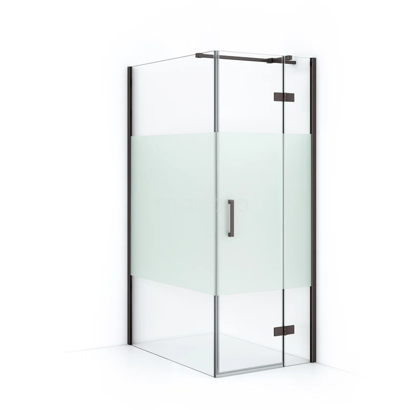 Corner shower cabin with frosted glass panels, black aluminium profiles, modern design for a stylish bathroom.