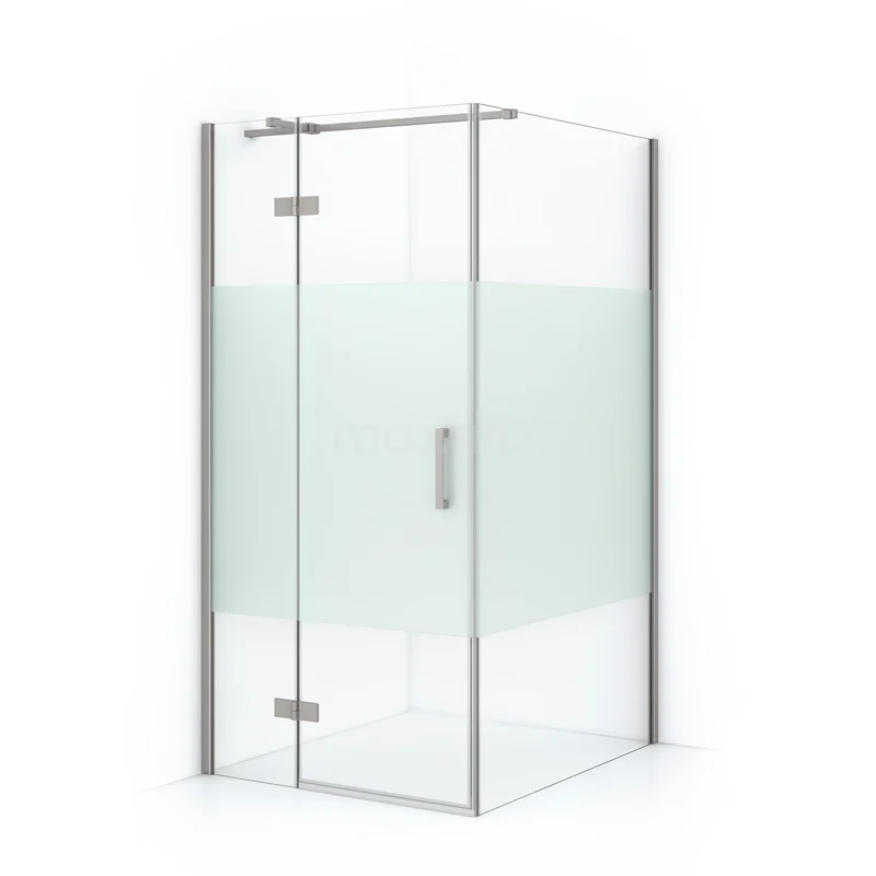 Duschkabine Diamond 110x100cm aus klarem Sicherheitsglas mit mattem Streifen aus gebürstetem Edelstahl CDB214611313BR Glas Duschkabine mit Eckeinstieg, matt und Klarglas, silberfarbene Profile; ideal für ein modernes Badezimmer.