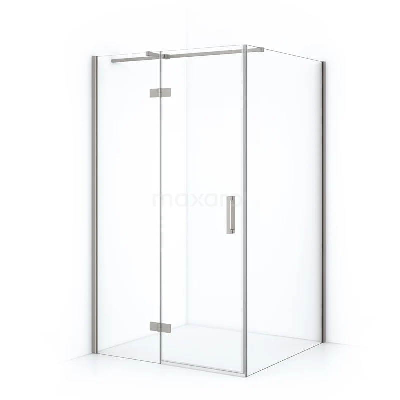 Modern corner shower enclosure in glass, transparent design and aluminium profiles. Ideal for a stylish bathroom.