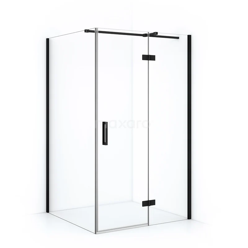 Shower enclosure with black profiles, corner entry and sleek design; ideal for a modern bathroom.