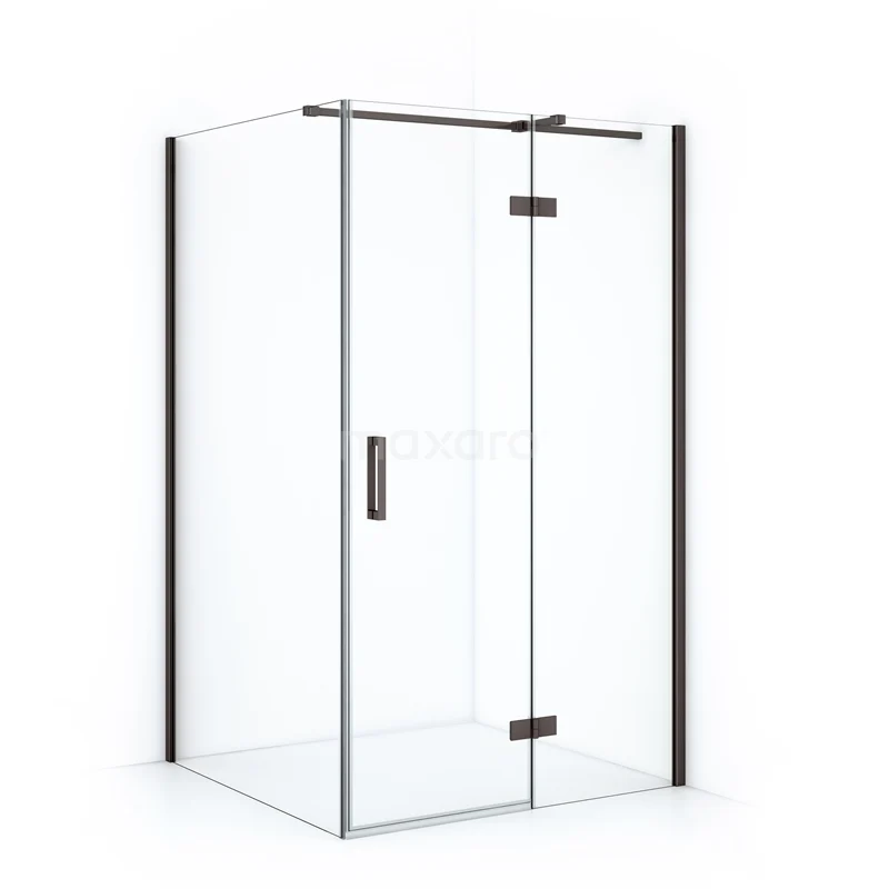 Glass shower enclosure with black metal accents, corner model, perfect for modern bathrooms.
