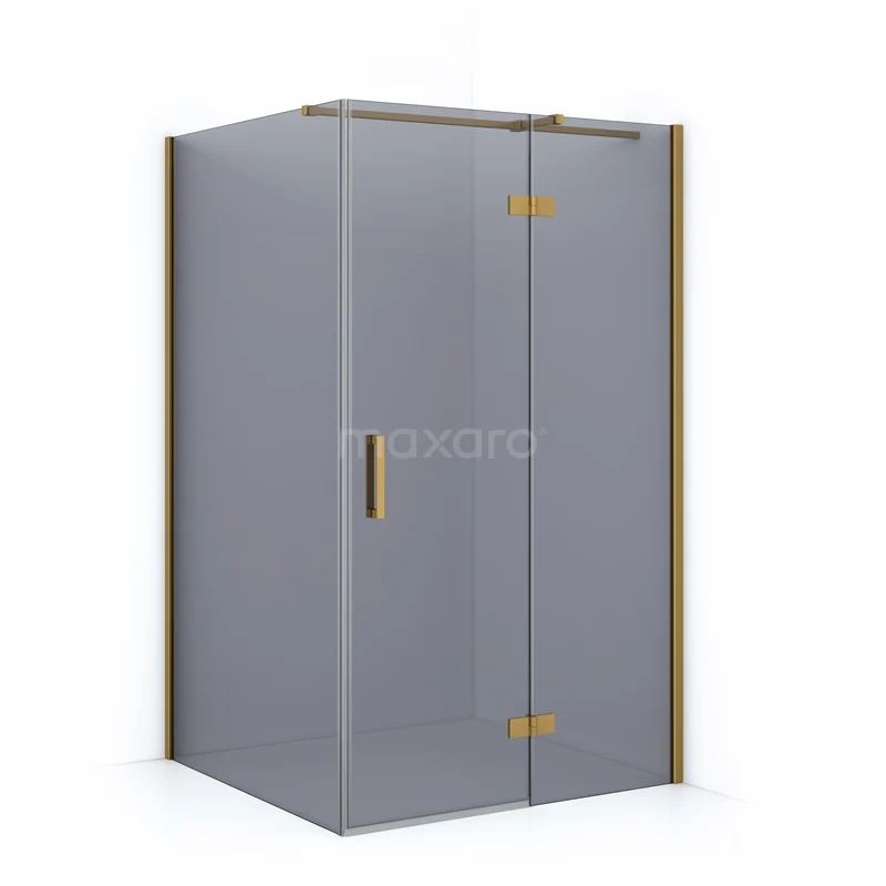 Grey shower enclosure with gold accents, angular design, ideal for a stylish and modern bathroom.