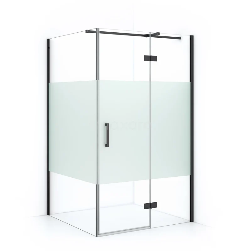 Modern glass shower enclosure with frosted glass strip, black metal details, ideal for stylish bathroom decor.