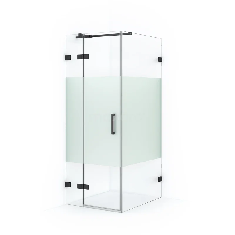 Duschkabine Diamond 90x80cm aus klarem Sicherheitsglas mit mattem Streifen Schwarzchrom CDB213509323BC Glas Duschkabine mit Eckeinstieg, mattes Glas Paneel und schwarzen Scharnieren, modernes Design für das Badezimmer.