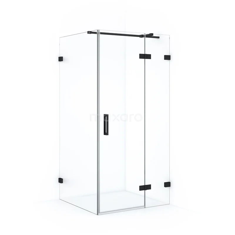Diamond Shower cabin | 90x80 cm Matte black Clear glass Pivot door Rectangle CDB223608320MB Glass shower enclosure with black metal accents, rectangular design, ideal for modern bathroom design.
