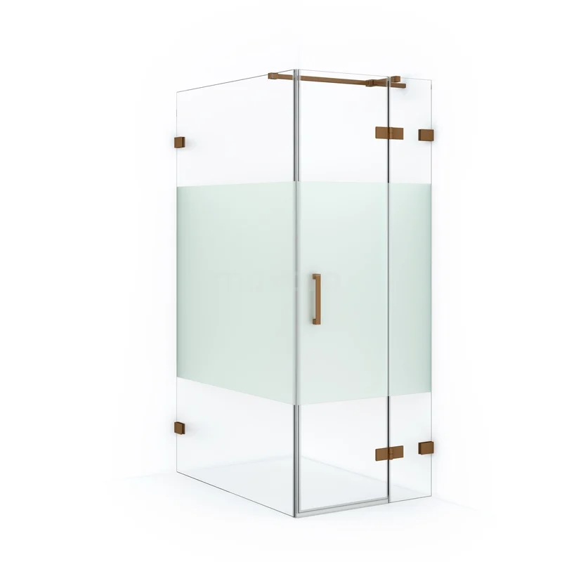 Glass corner shower cabin with frosted glass, metal hinges and chrome handle, ideal for a modern bathroom style.