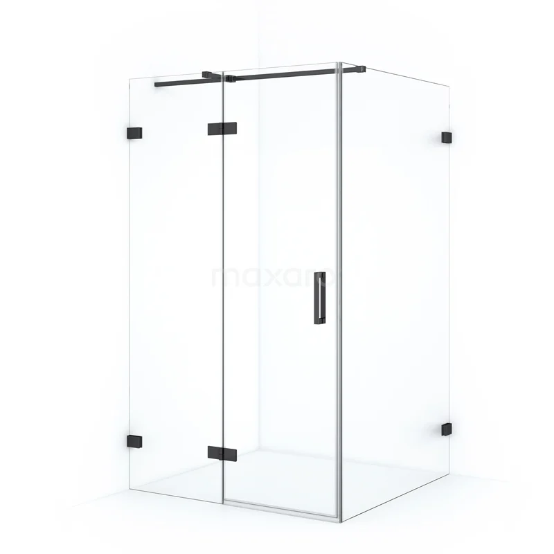 Shower enclosure with black metal hinges and handle, corner model, ideal for a modern bathroom.