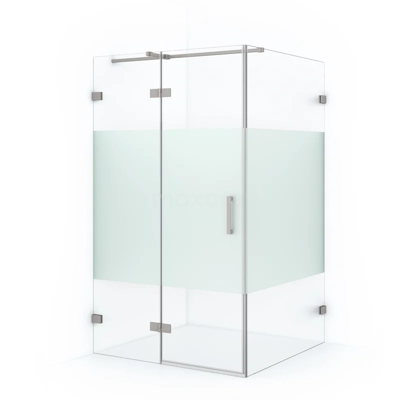 Diamond Shower cabin | 110x90 cm Stainless steel Clear with matt strip Pivot door Rectangle CDB216509323BR Shower enclosure with corner step, frosted glass panel, stainless steel hinges; modern bathroom style.
