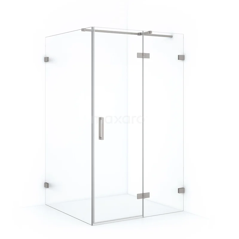 Glass shower enclosure with corner step, transparent design and stainless steel accents, ideal for a modern bathroom.